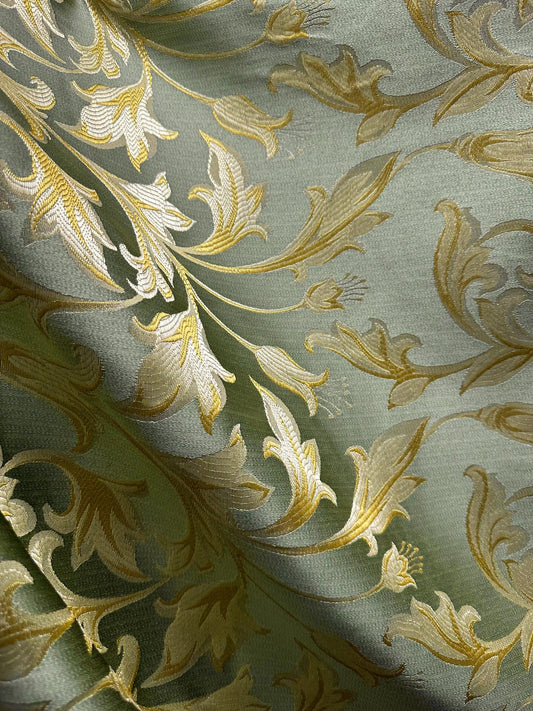 SAGE GREEN GOLD Brocade Flower Floral Upholstery Drapery Fabric (110 in.) Sold By The Yard