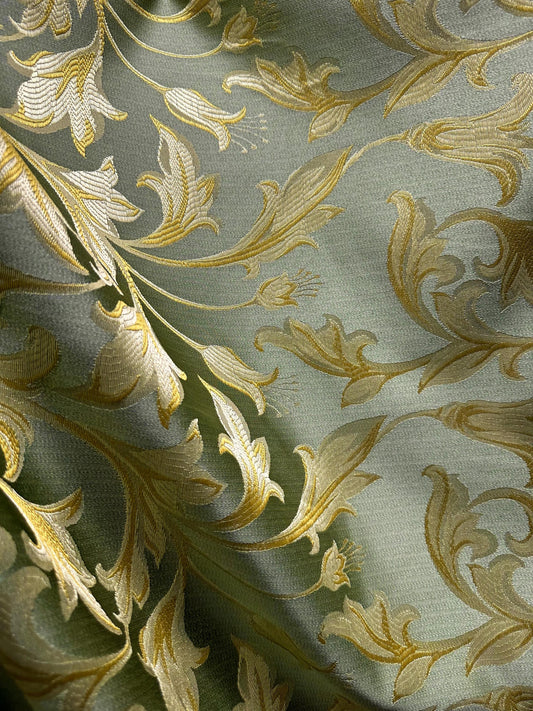 SAGE GREEN GOLD Brocade Flower Floral Upholstery Drapery Fabric (110 in.) Sold By The Yard