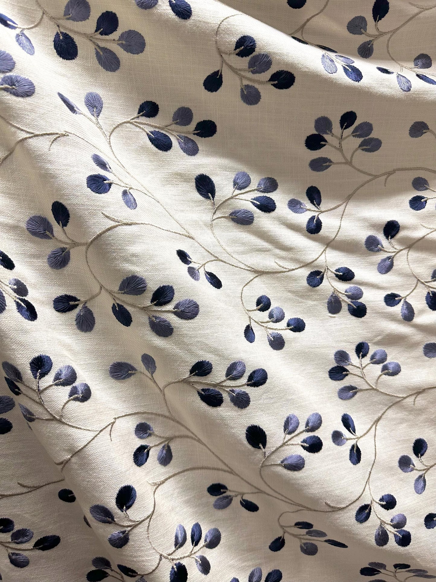 IVORY NAVY BLUE Embroidered Floral Linen Blend Upholstery Drapery Fabric (55 in.) Sold By The Yard