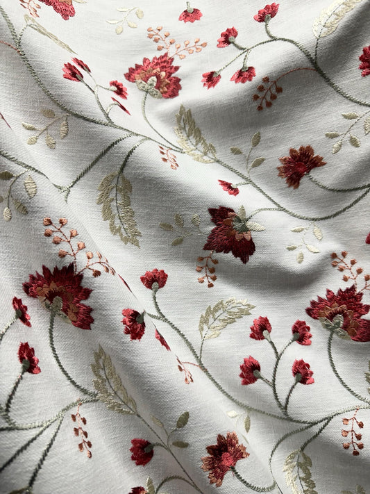 WHITE RED SAGE Floral Embroidered Upholstery Drapery Fabric (52 in.) Sold By The Yard