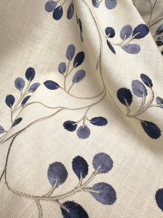 IVORY NAVY BLUE Embroidered Floral Linen Blend Upholstery Drapery Fabric (55 in.) Sold By The Yard