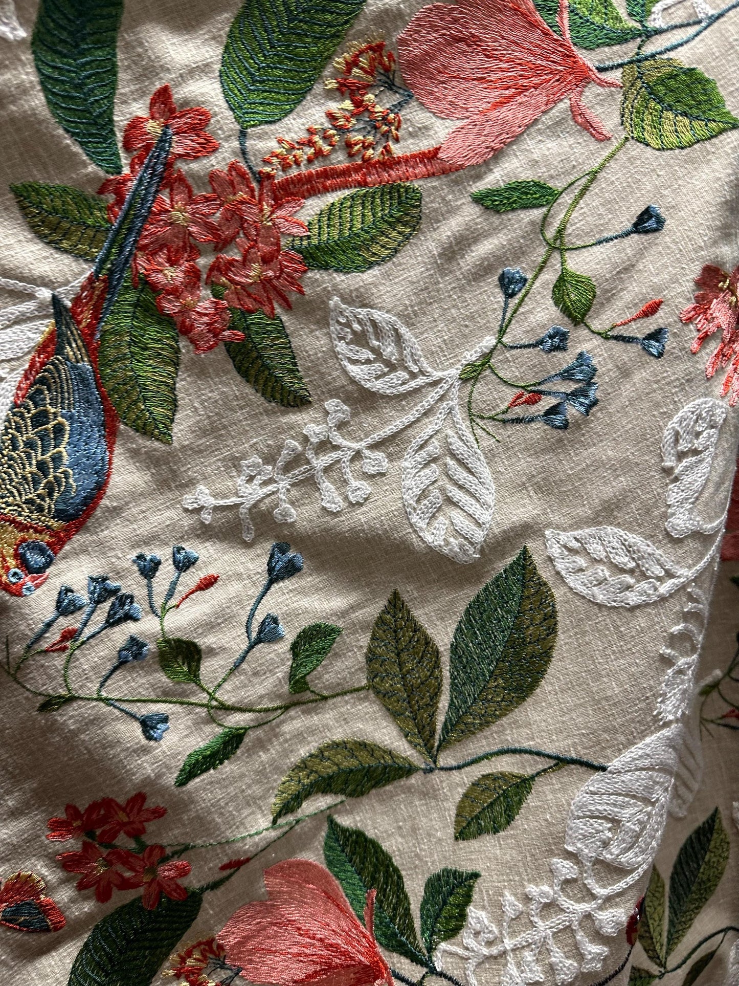 NATURAL MULTICOLOR Tropical Bird Floral Embroidered Upholstery Drapery Fabric (54 in.) Sold By The Yard