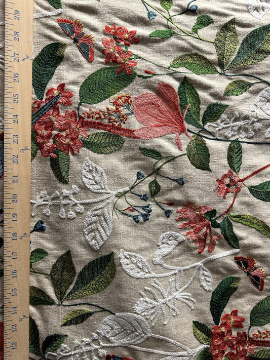 NATURAL MULTICOLOR Tropical Bird Floral Embroidered Upholstery Drapery Fabric (54 in.) Sold By The Yard