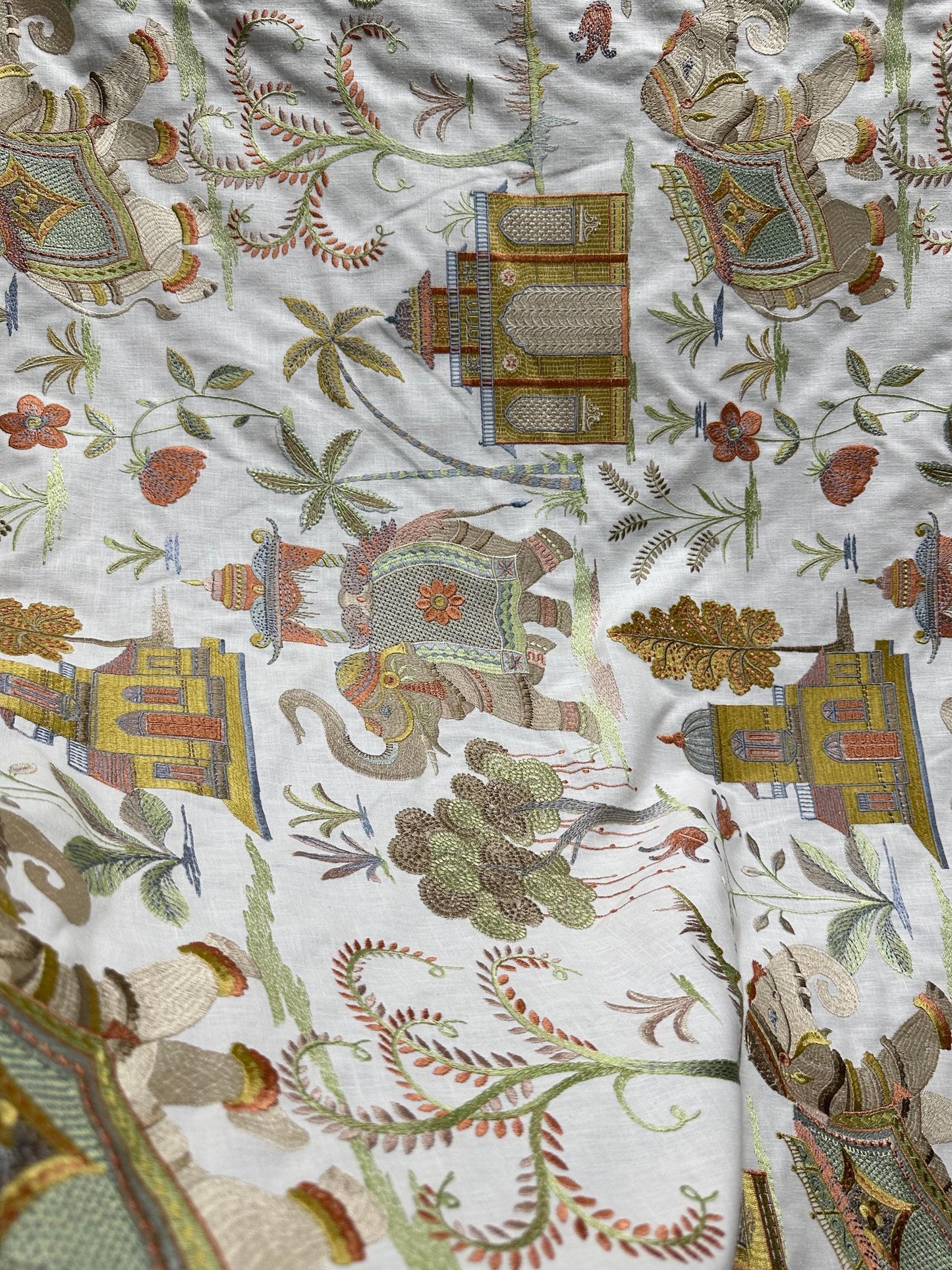WHITE MULTICOLOR Elephant Tropical Embroidered Drapery Decor Fabric (54 in.) Sold By The Yard
