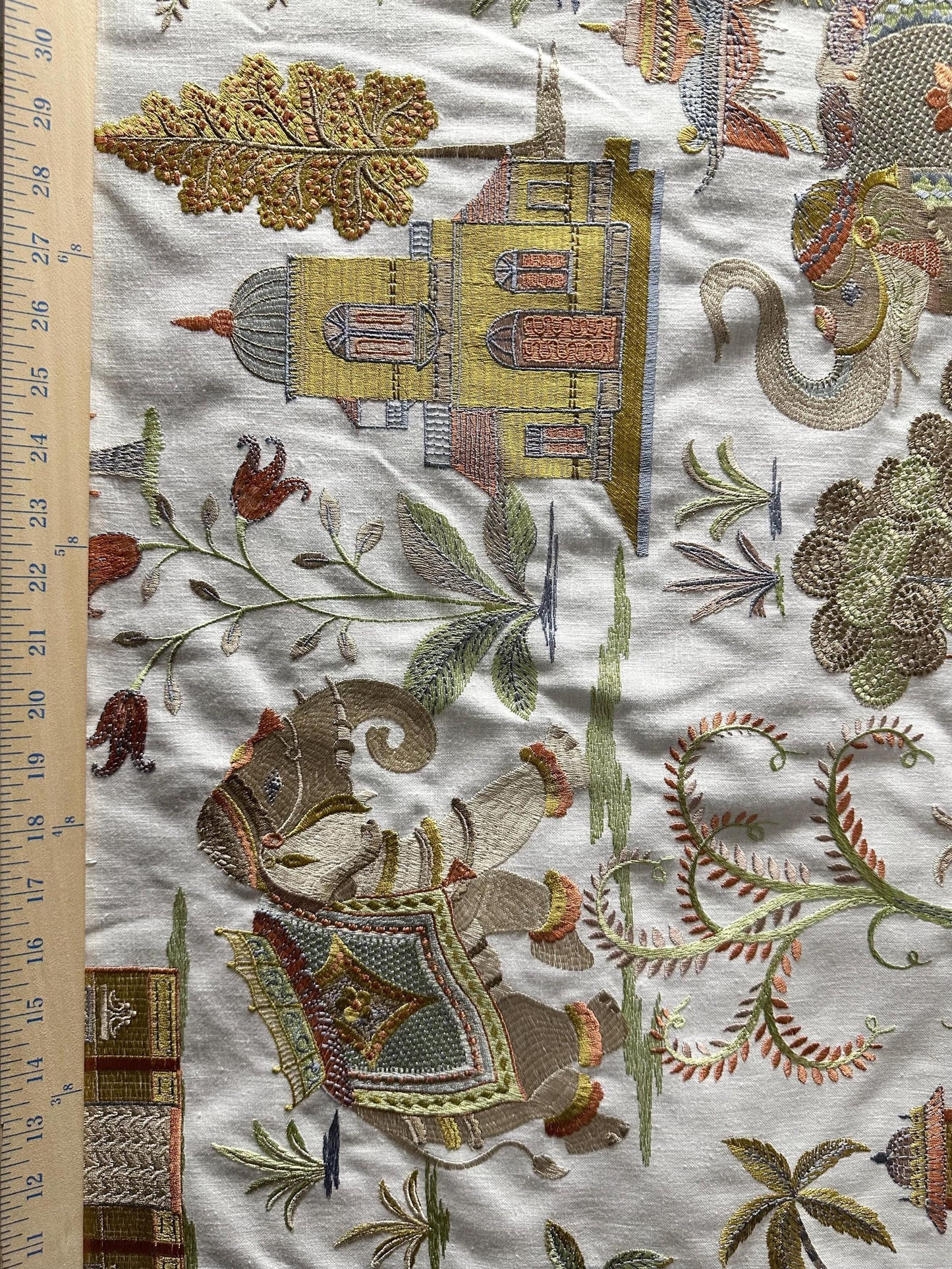 WHITE MULTICOLOR Elephant Tropical Embroidered Drapery Decor Fabric (54 in.) Sold By The Yard