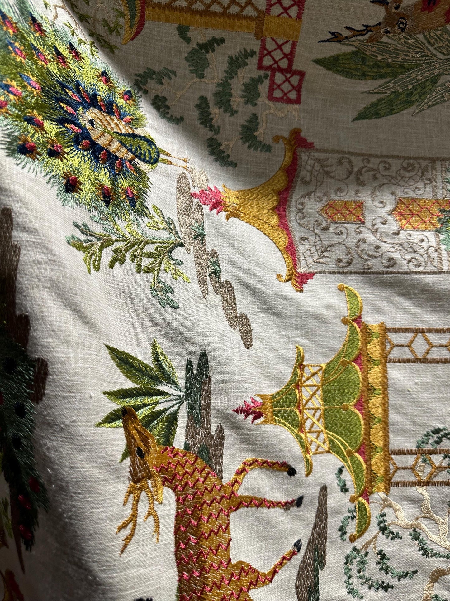 NATURAL MULTICOLOR Deer Peacock Embroidered Upholstery Drapery Fabric (54 in.) Sold By The Yard