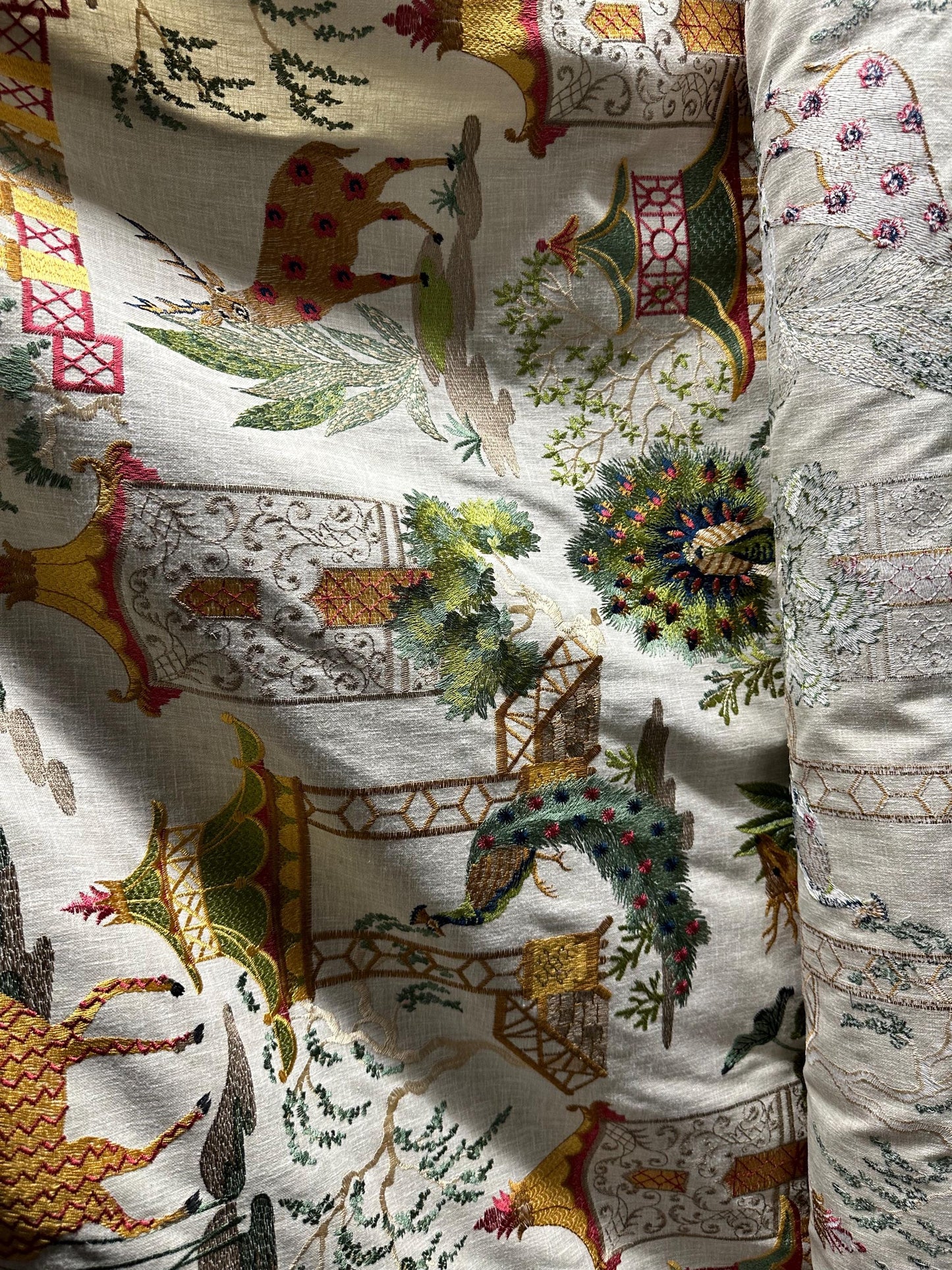 NATURAL MULTICOLOR Deer Peacock Embroidered Upholstery Drapery Fabric (54 in.) Sold By The Yard