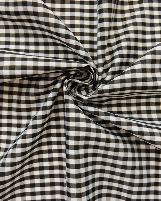 Black White Gold Metallic Checkered Plaid Taffeta Fabric (60 in.) Sold By The Yard