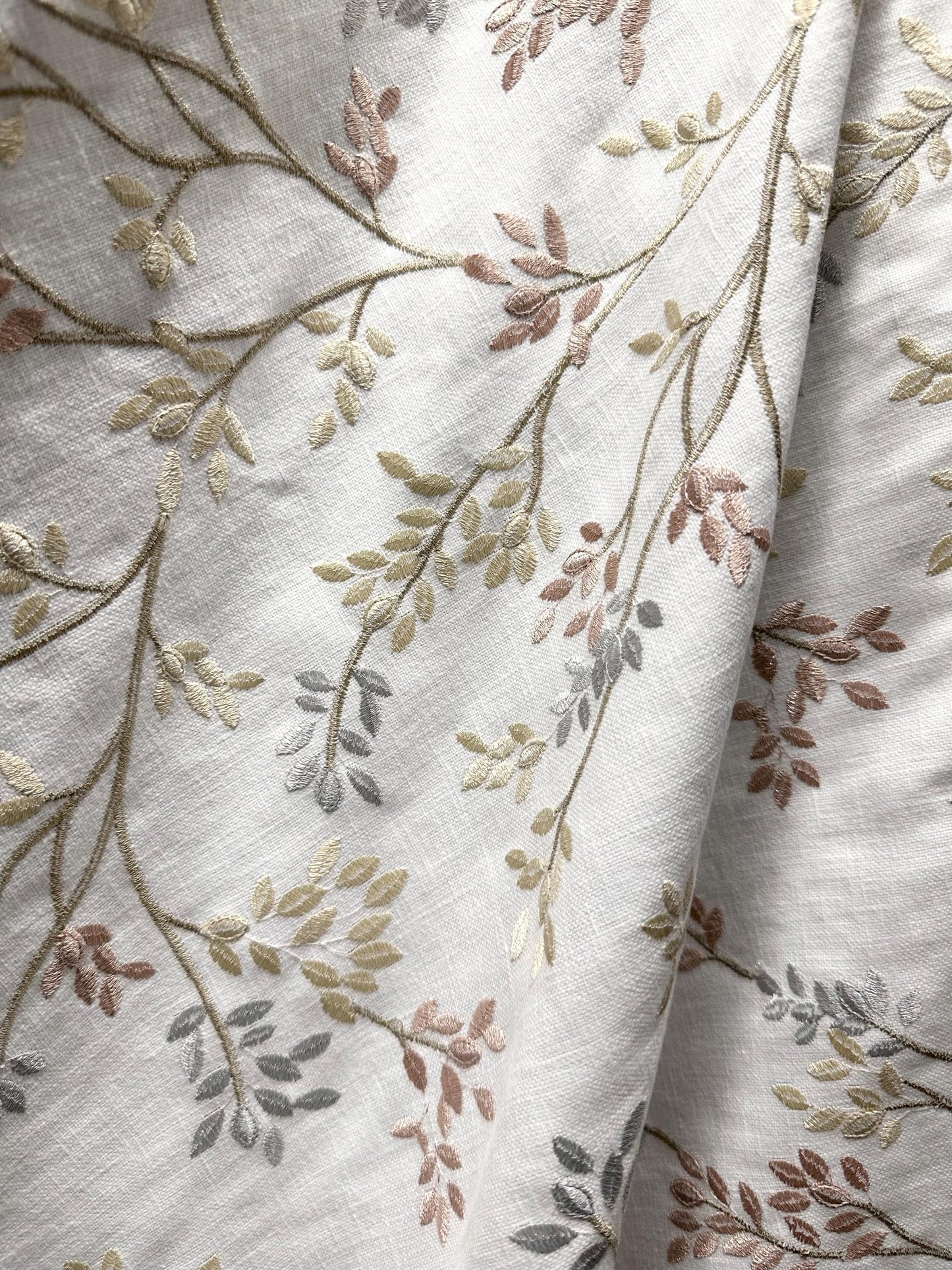 White Beige Blush Gray Leaf Embroidered Upholstery Drapery Fabric (54 in.) Sold By The Yard