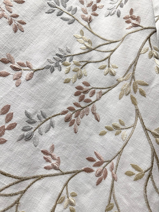 White Beige Blush Gray Leaf Embroidered Upholstery Drapery Fabric (54 in.) Sold By The Yard