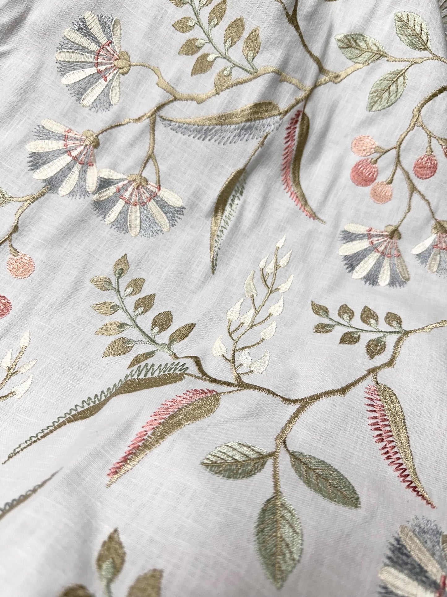 WHITE SAGE BLUSH Floral Leaf Embroidered Upholstery Drapery Fabric (54 in.) Sold By The Yard