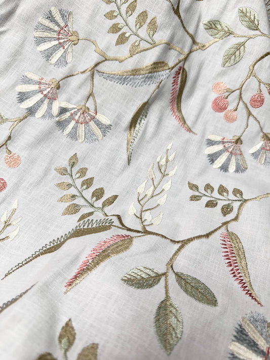 WHITE SAGE BLUSH Floral Leaf Embroidered Upholstery Drapery Fabric (54 in.) Sold By The Yard