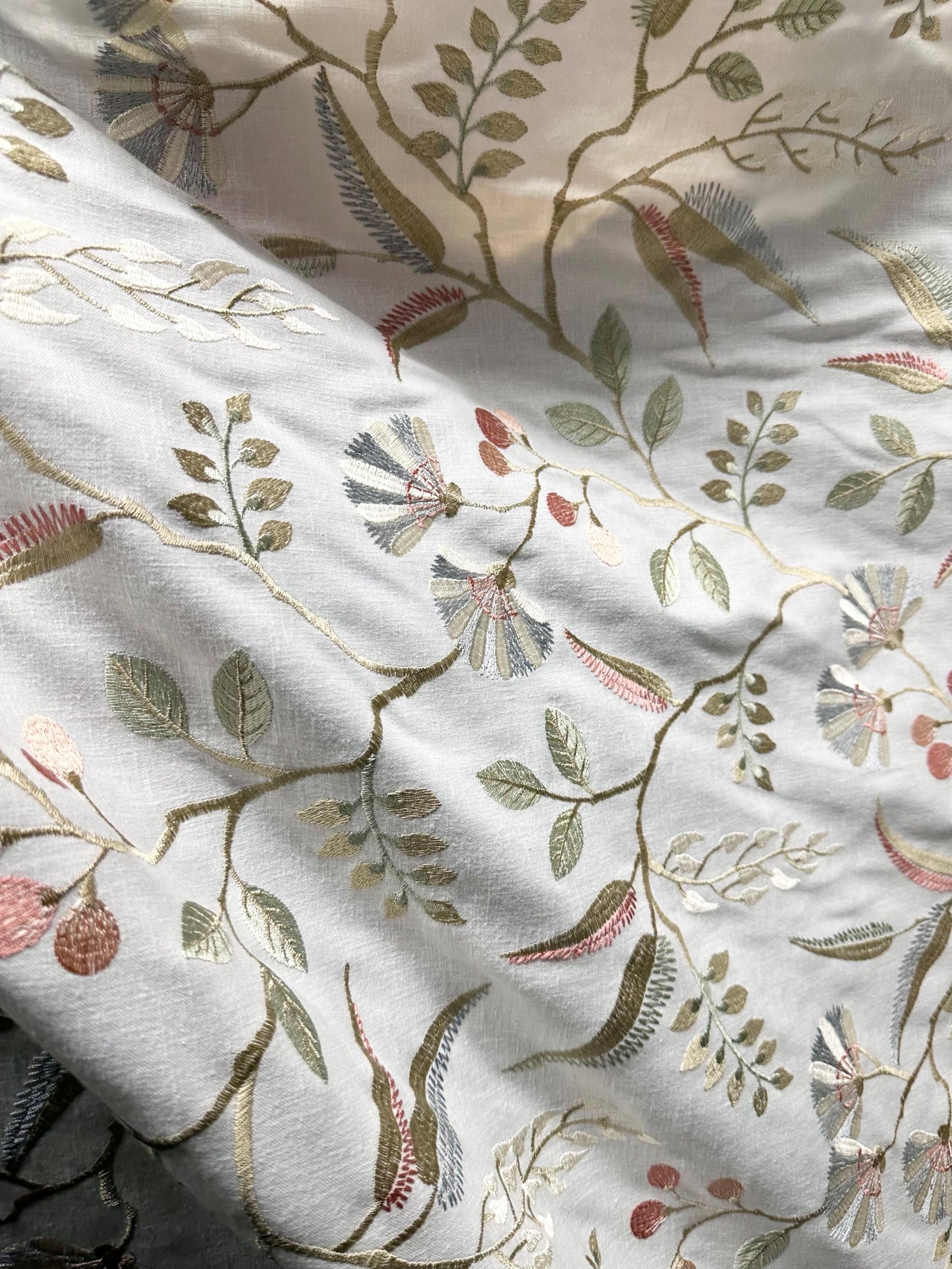 WHITE SAGE BLUSH Floral Leaf Embroidered Upholstery Drapery Fabric (54 in.) Sold By The Yard