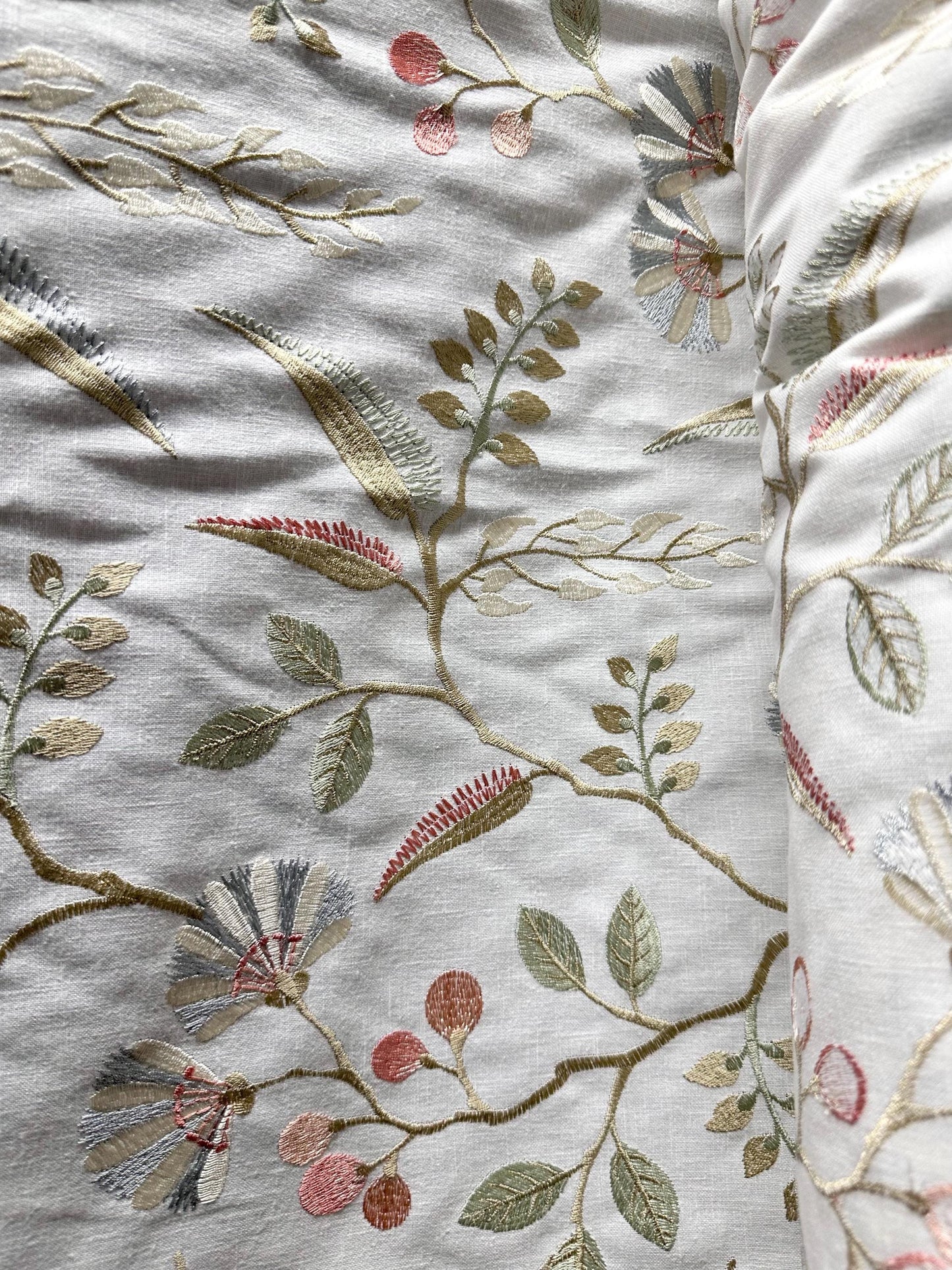 WHITE SAGE BLUSH Floral Leaf Embroidered Upholstery Drapery Fabric (54 in.) Sold By The Yard