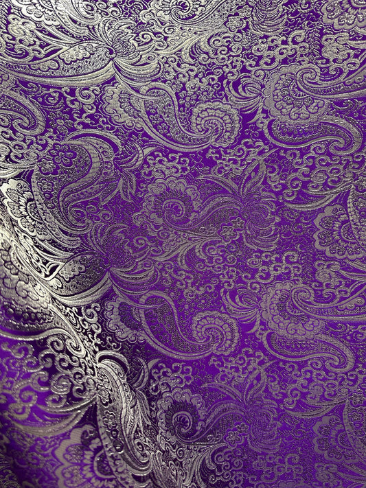 PURPLE SILVER Metallic Paisley Brocade Fabric (60 in.) Sold By The Yard