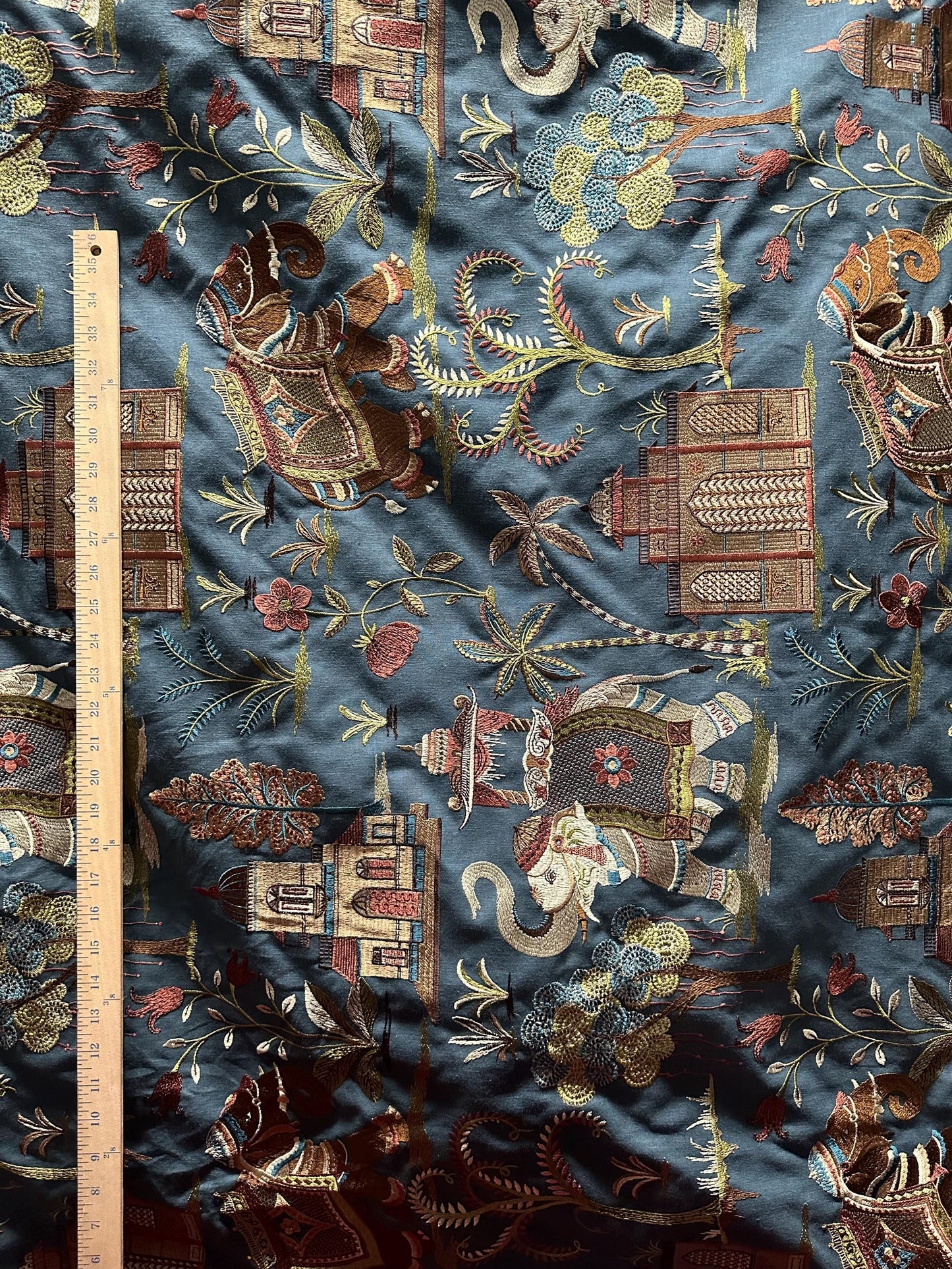 DARK TEAL MULTICOLOR Elephant Tropical Embroidered Drapery Decor Fabric (54 in.) Sold By The Yard