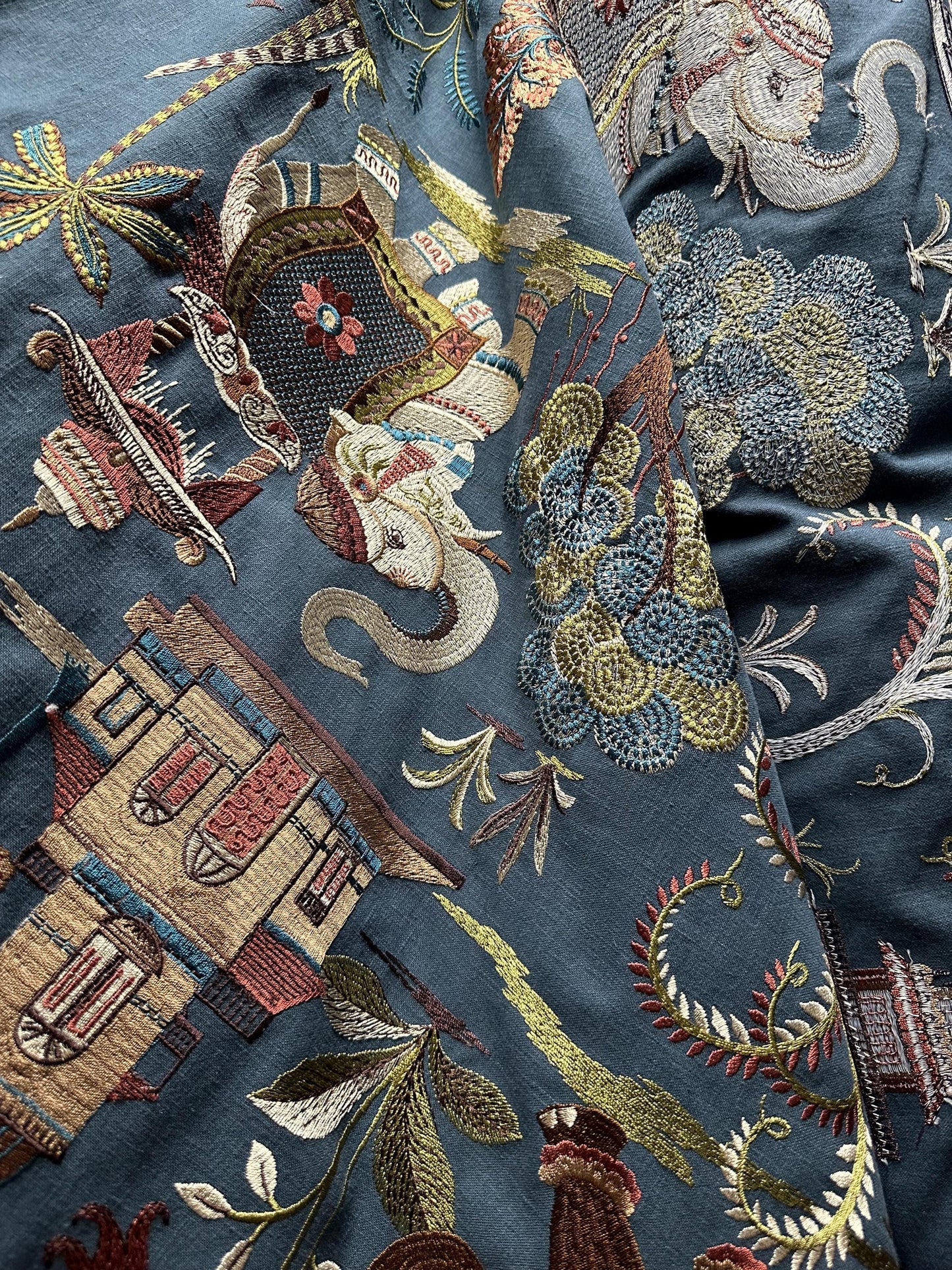 DARK TEAL MULTICOLOR Elephant Tropical Embroidered Drapery Decor Fabric (54 in.) Sold By The Yard