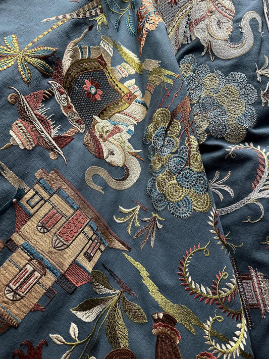 DARK TEAL MULTICOLOR Elephant Tropical Embroidered Drapery Decor Fabric (54 in.) Sold By The Yard