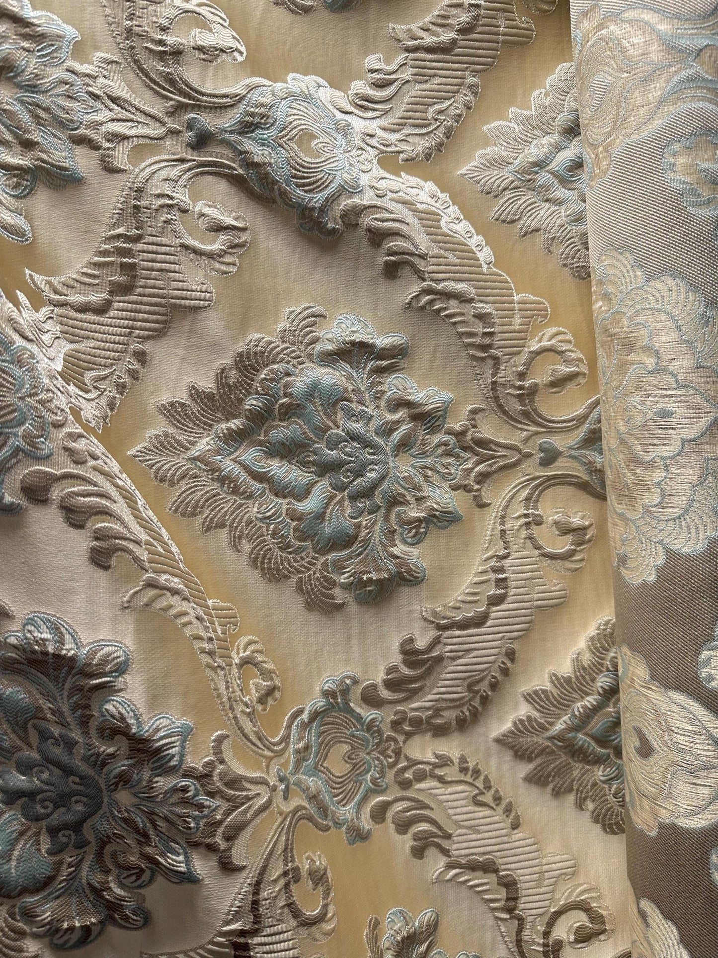 BEIGE LIGHT BLUE Damask Brocade Upholstery Drapery Fabric (56 in.) Sold By The Yard