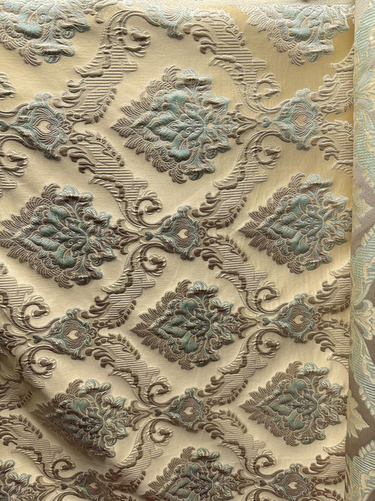 BEIGE LIGHT BLUE Damask Brocade Upholstery Drapery Fabric (56 in.) Sold By The Yard