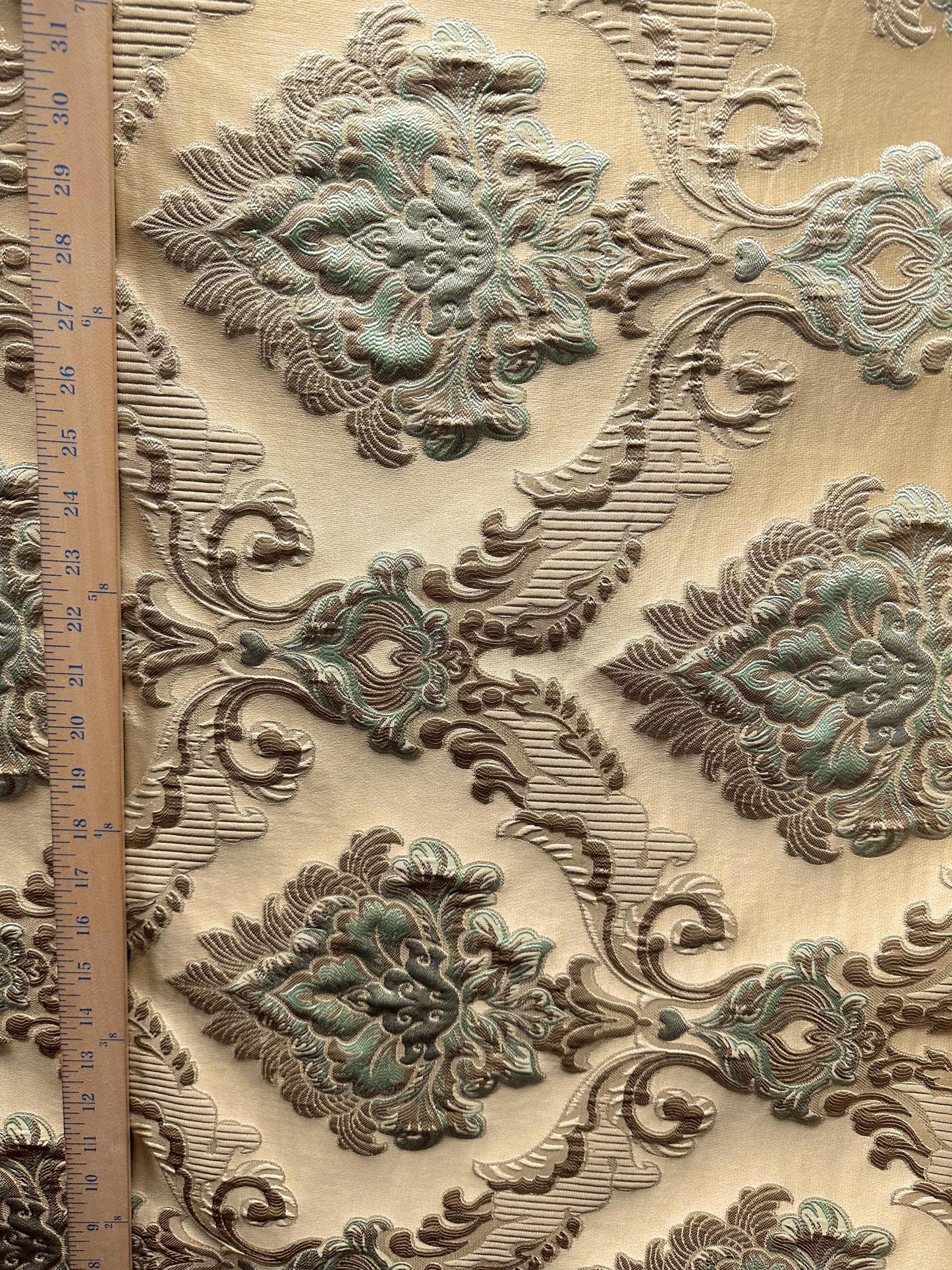 BEIGE LIGHT BLUE Damask Brocade Upholstery Drapery Fabric (56 in.) Sold By The Yard