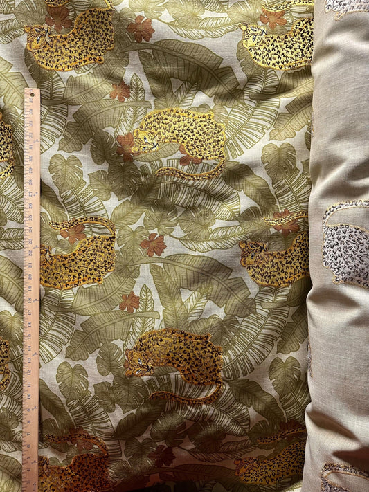 NATURAL OLIVE GREEN Leopard Tropical Embroidered Upholstery Drapery Fabric (54 in.) Sold By The Yard