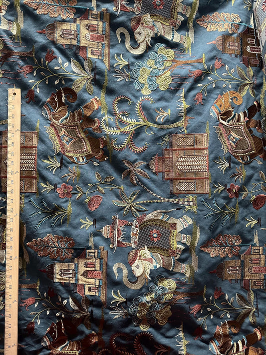 DARK TEAL MULTICOLOR Elephant Tropical Embroidered Drapery Decor Fabric (54 in.) Sold By The Yard