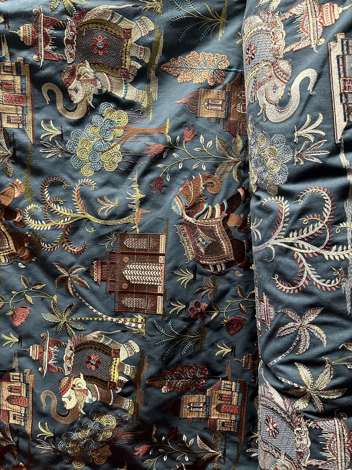 DARK TEAL MULTICOLOR Elephant Tropical Embroidered Drapery Decor Fabric (54 in.) Sold By The Yard