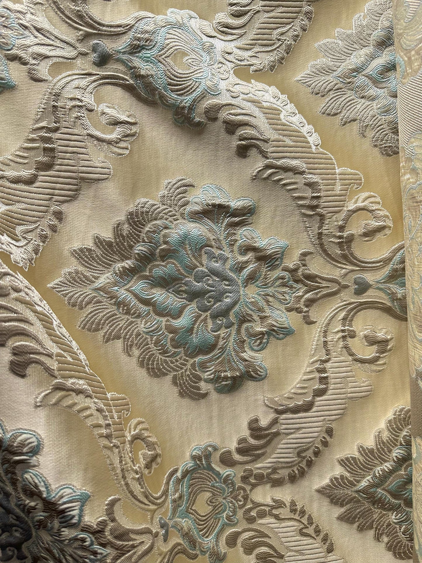BEIGE LIGHT BLUE Damask Brocade Upholstery Drapery Fabric (56 in.) Sold By The Yard
