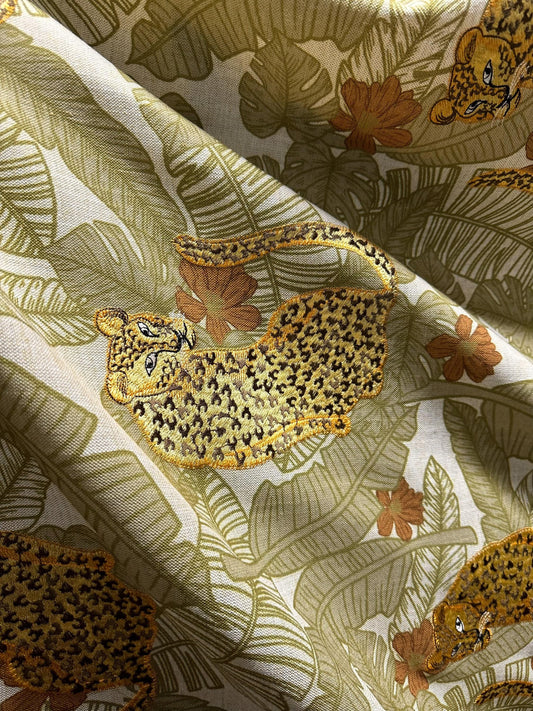 NATURAL OLIVE GREEN Leopard Tropical Embroidered Upholstery Drapery Fabric (54 in.) Sold By The Yard