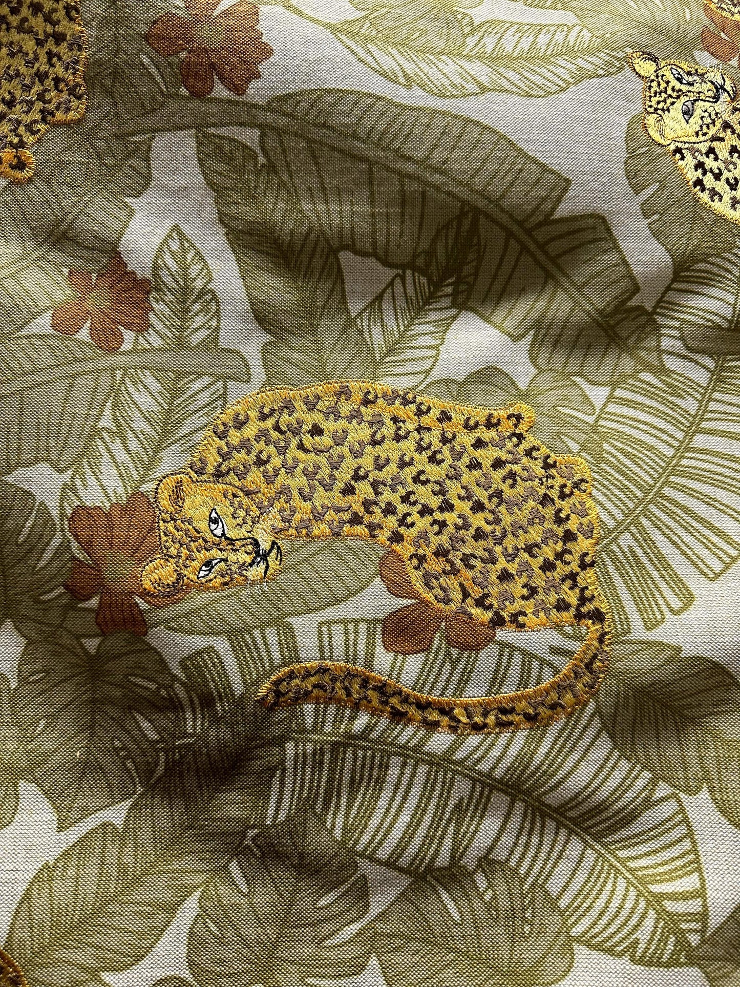 NATURAL OLIVE GREEN Leopard Tropical Embroidered Upholstery Drapery Fabric (54 in.) Sold By The Yard